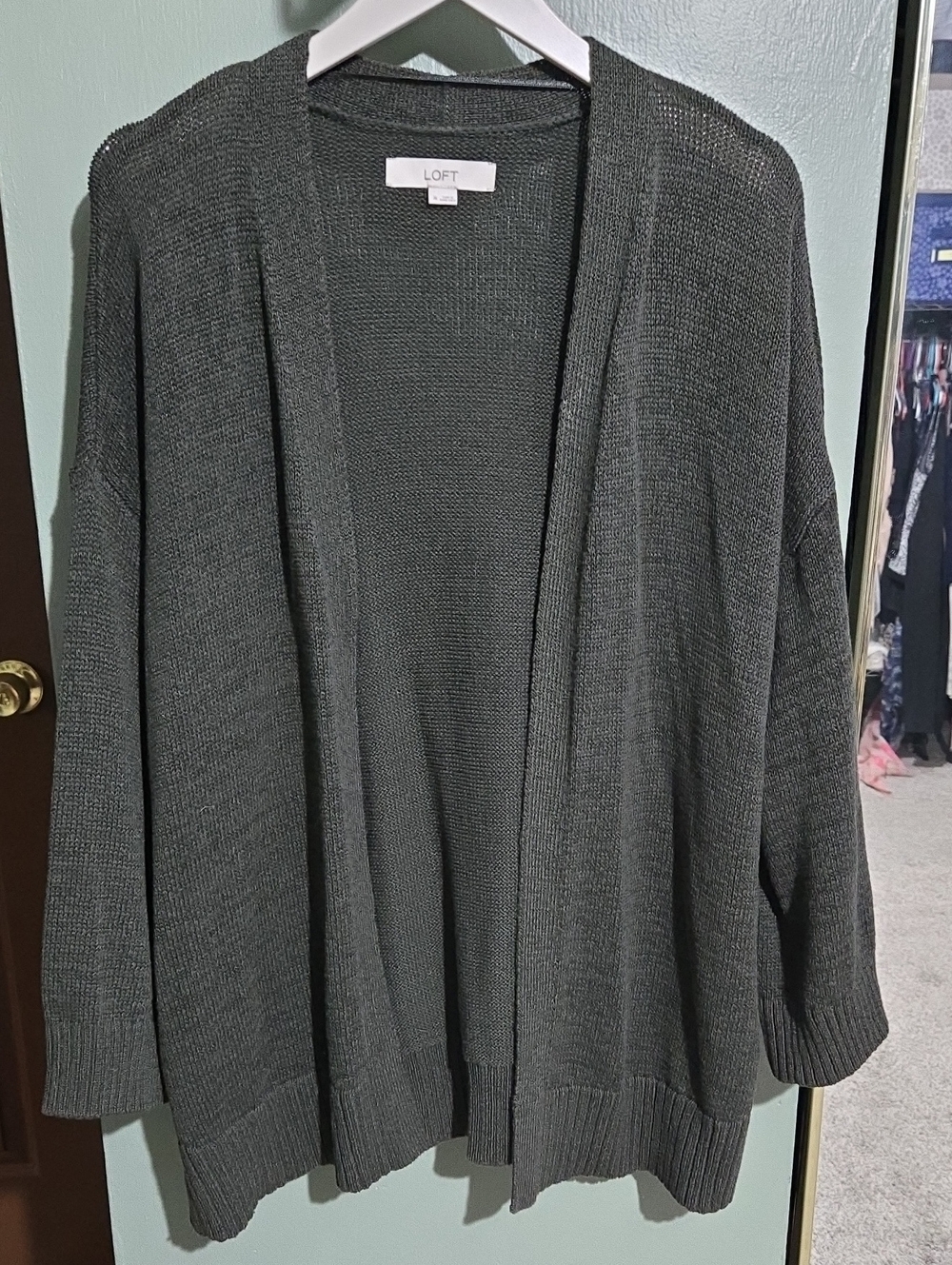 LOFT Dark Olive Green Open-Front Knit Cardigan